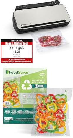 Envasadora al Vacío Premium FoodSaver, Cánula con Adaptador Para Recipientes Integrada + Foodsaver Bolsas de Envasado al Vacío Reutilizables, 5 Rollos, 36 Bolsas