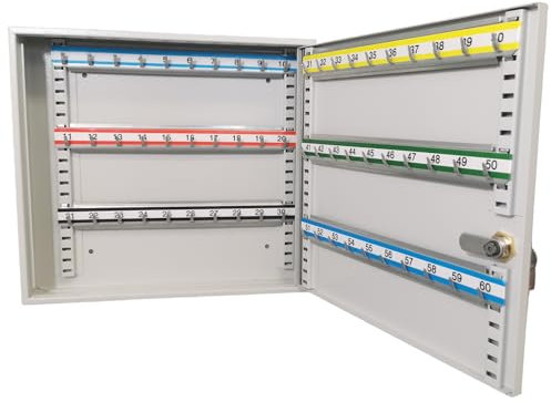 LEOMAR Schlüsselschrank, Schlüsselkasten mit 60 Haken, Schlüsselbox aus Stahlblech, mit Verstellbaren Hakenleisten, Organizer zur Wandbefestigung, Abschließbar, mit Montagematerial, 6 x 35 x 32 cm