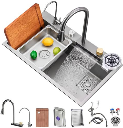 Ribanedy gris pistola Nano Fregadero de cocina Fregadero de cascada de acero inoxidable 304 Fregadero de cocina de estación de trabajo de un solo tazón con grifo de carga superior multifuncional(80cm)