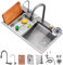 Ribanedy gris pistola Nano Fregadero de cocina Fregadero de cascada de acero inoxidable 304 Fregadero de cocina de estación de trabajo de un solo tazón con grifo de carga superior multifuncional（80cm）