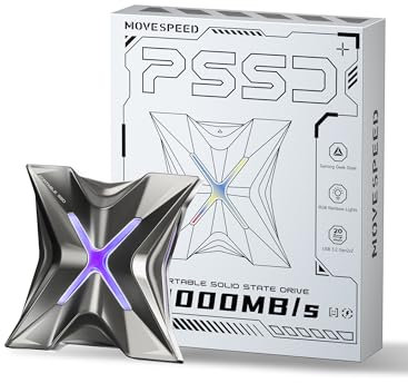 MOVE SPEED RX20 Externe SSD - 1TB Externe Festplatte Bis zu 2.000MB/s, Typ-C Verwenden USB 3.2 Gen 2x2 Technologie, Portable Solid State Drive für PS5, iPhone 15-Serie, Typ-C Handy, PC, Laptops