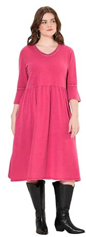 Ulla Popken Robe en Jersey pour Femme, Grandes Tailles, Grandes Tailles, Bords roulés, Ligne A, col en V, Manches 3/4, Lilas foncé, 56-58