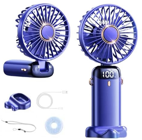 Handheld Fan, Portable Handheld USB Rechargeable Fans with 5 Speeds, Desk Fan with LED Display, Mini Fan with Base and Lanyard, Foldable Desktop Fans for Home Office Bedroom Outdoor Travel (purple)