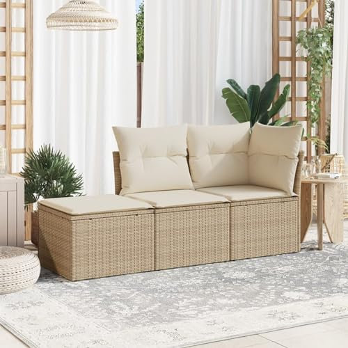 Festnight Gartensofa Rattan Sofa mit Stauraum 3 Sitzer Lounge Sofa Outdoor Rattansofa 3er Balkon Lounge Klein Balkonmöbel Couch Gartenlounge Gartenmöbel Polyrattan Beige 62 x 69 cm (B T H)