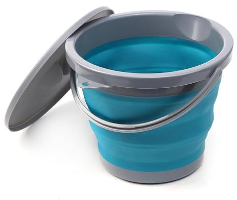 Faltbarer Eimer 5L, Falteimer Angeln Kleiner Eimer mit Deckel Blau Putzeimer Faltbar Silikon Angeleimer Tragbarer Wassereimer für Autowäsche Camping Angeln Reinigung