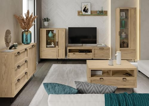 Feldmann Preiswert Wohnen Wohnzimmer-Set Wohnwand Limbo 6-teilig Eiche Artisan teilmassiv