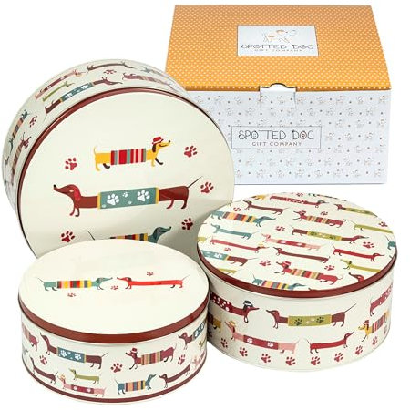 SPOTTED DOG GIFT COMPANY Cake Tin Storage Set of 3, Round Nesting Cake Tins for Storing Cakes Biscuits, Stackable Airtight Biscuit Containers, Sausage Dog Themed Gifts, Large Medium Small