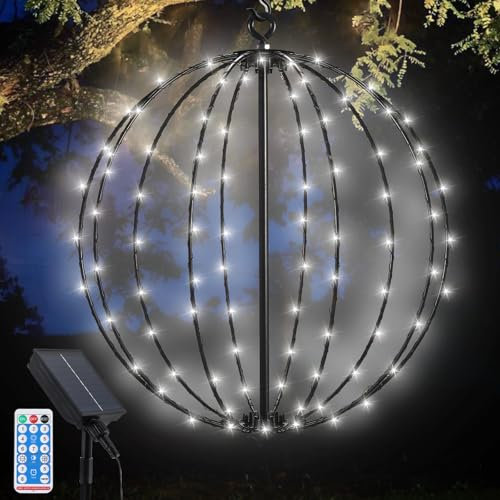 Acxilexy Solar 3D Foldable Sphere Lights - 30CM 120LED Waterproof Hanging Globe Lights with 8 Modes & Remote Control for Garden, Tree & Christmas Decor