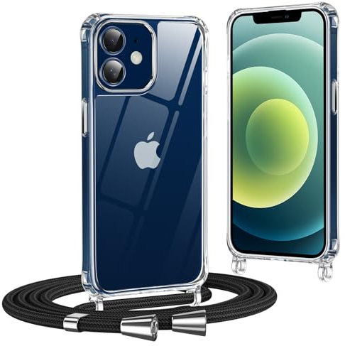 Coiwxmoi Coque pour iPhone 12 / iPhone 12 Pro avec Cordon 6,1, Ultra Mince Transparent Silicone + PC Antichoc Coque Collier Réglable Téléphone Housse Étui Portable Lanyard Protection Case, Noir