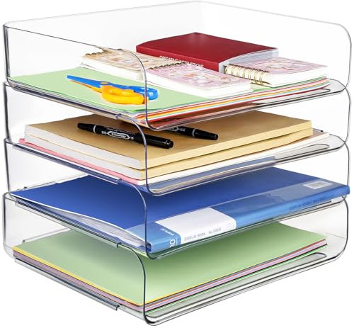 4 PCS Desk Letter Tray Set, A4 Size Clear PET Stackable Document Organizer Office Desktop File Paper Holder Book Storage Rack for Supplies,Magazine,File Documents,Receipts