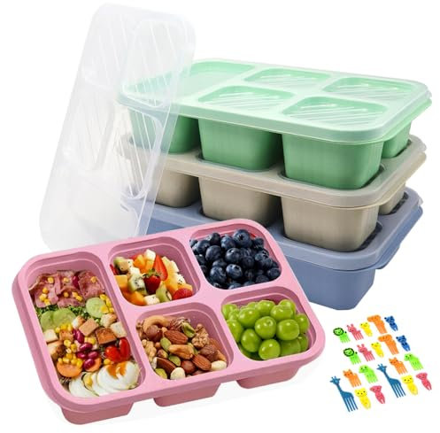 GYSRXS 4 Stück Bento Snack Box 5 Fächern Bento Lunch Box Kinder Snackbehälter mit Transparenter Deckel und 20×Obstgabel Bento Lunchbox für Schule,Arbeit(Beige/Blau/Rosa/Grün)