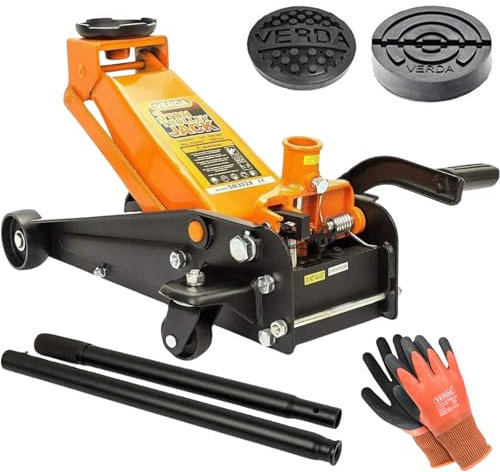 Verda Hydraulischer Wagenheber 3T, 130-490mm + 2X Gummi + Handschuhe Rangierwagenheber Heber, PKW, Profi, Auto, Werkstatt, Wohnmobil, Geländewagen, Doppelpumpsystem (Gelb mit Fußpedal)