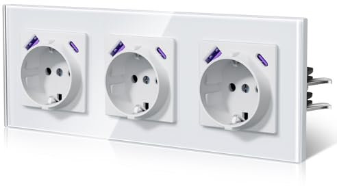BSEED Steckdose mit USB C 20W, Schnellladen Wandsteckdose mit Krallen, EU-Standard Einbausteckdose Unterputz, Einfach Montage, 16A 250V, NEU E-Serie,3 Fach,228mm Weiß