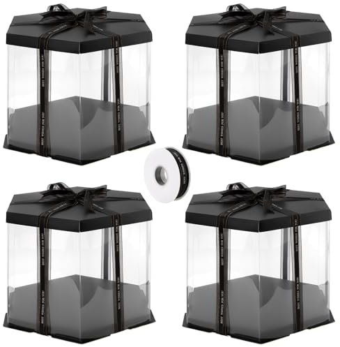 NGOSUET 4 Stück Tortenschachtel Durchsichtig, 30x30x25cm Tortenbox Geschenkbox Transparent Torten Transportbox mit Schwarz Sockel und Band, Hexagon Tortenbox Durchsichtig mit Deckel für Geburtstag