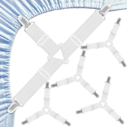 Alethron Bettlakenspanner, 4 Stück Verstellbar Bettlaken Spanner Elastische Bettlaken Spanngurte Spannbettlaken Spanner Lakenspanner Betttuchspanner mit Clip für Bettwäsche Bügelbrett Sofa(Weiß)