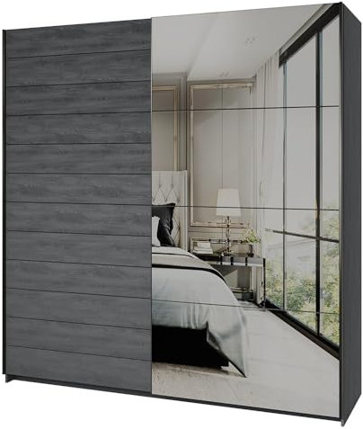 Lomadox Schwebetürenschrank Kleiderschrank 200 cm breit, Eiche Carbon, mit Spiegel