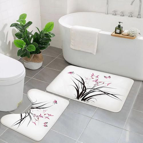 KGDHY Set di 2 tappetini da bagno,antiscivolo,lavabili,morbido e assorbente,tappeto da bagno,tappetino da doccia,Stampa in stile inchiostro misterioso selvaggio esotico con orchidea cinese e farfalla