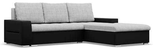 Mebligo - Ecksofa mit Schlaffunktion und Bettkasten Aurora, Eckcouch mit Ottomane Rechts, Sofa L Form (BxTxH) 243 x 200 x 92 cm, Couch Wohnzimmer, Ecke Sofa, Grau + Schwarz (Samt und Kunstleder)