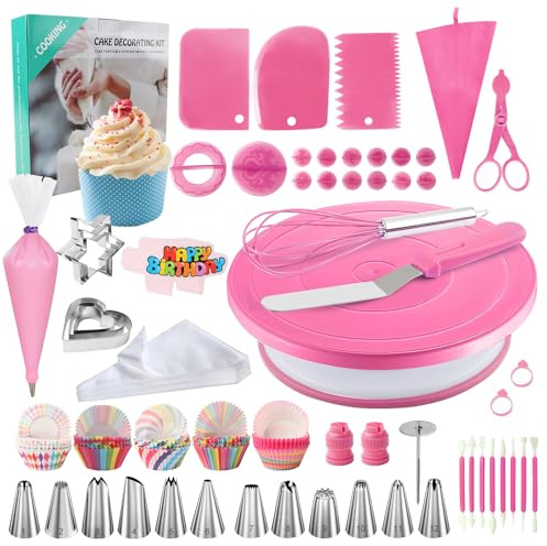 253 Pcs Cake Decorating Kit, Rotating Cake Turntable Cake Stand Supplies | Cake Baking Accessories with Piping Bags, 12 Stainless Steel Icing Nozzles, DIY Cake Baking Supplies for Beginners, Pink
