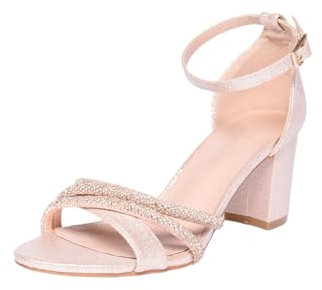 Ciabalù Decollete Donna Tacco Blocco Alto 7 cm Eleganti Sandali con Tomaia Glitter Cinturino alla Caviglia Fascette Incrociate (Oro rosa, Sistema Taglie Calzature EU, Adulto, Numero, Media, 37)