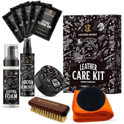 Lederpflege Set entwickelt für die Pflege von Motorrad - Bekleidung, Ledersitzen und Satteltaschen - Lederreiniger Set enthält Lederschaum, Lederbalsam und Geruchsentferner