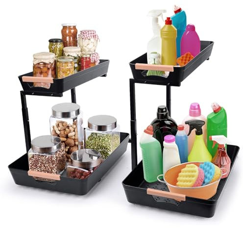 HOMIEE Organizador Bajo Fregadero 2 Paquete, 2 Niveles Organizador Extraíble Estante Almacenamiento Debajo Cocina Altura Ajustable Estantería Bajo Fregadero para Cocina, Baño