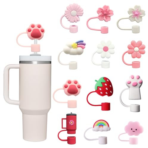 Embhlitfe 12pcs Straw Covers Cap for Stanley Cup, 10mm Dust-Proof Silicone Straw Toppers, Reusable Straws Cover with Cute Pattern for Stanley 30&40oz Tumbler Accessories