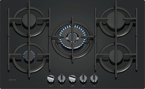NEFF, N70, T27PIQ4S0, 75cm Gas Hob with 5 burner, 4.0kW Wok burner, Optimised FlameSelect, 5 Dishwasher suitable cast iron pan supports, Detachable metallic sword dials, Black Tempered Glass