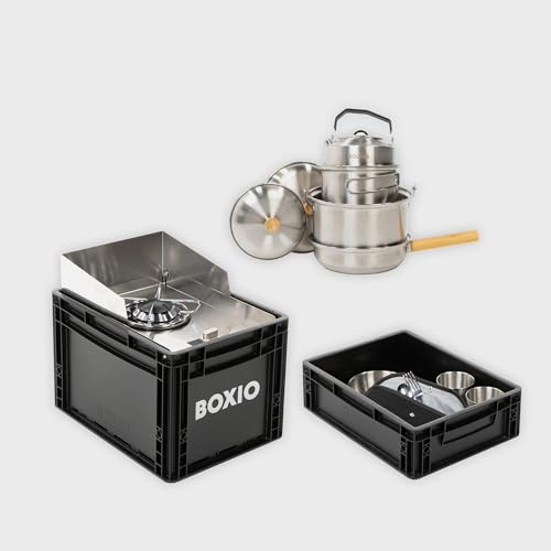BOXIO - COOK Max+: juego completo de cocina de camping con espacio de almacenamiento, cortavientos, juego de ollas de camping y vajilla de camping, cartuchos de gas, hornillo de camping para camping