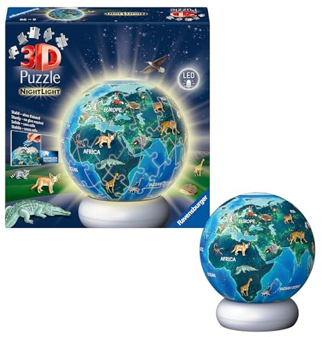 Ravensburger 3D Puzzle Erde mit Tiermotiven - 3D Puzzle Kinder ab 6 Jahren - Puzzle-Ball mit LED Nachtlicht als Nachttischlampe für Kinder - Kinderglobus Geschenke für Mädchen und Jungen - 12008055