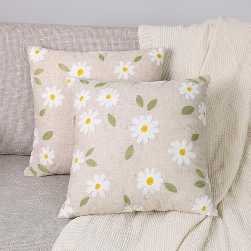 Spring Floral Cushion Covers Embroidered Daisy Set of 2 Linen Couch Pillow