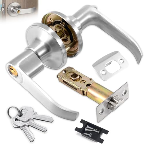 Door Handle Lock with Keys, Security Door Locks for Bedrooms with Adjustable Latch Privacy for Bathrooms Kitchen Office Internal (Silver 25mm-45mm)
