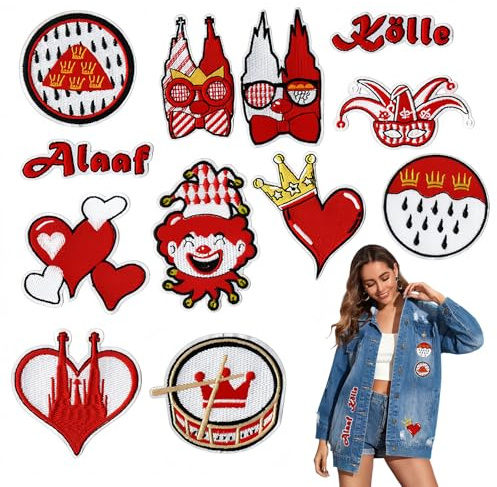 KLINNA 12 Stück Kölner Karneval Bügelbilder Set, Rot Weiß Bügelflicken zum Aufbügeln für Kleidung, Kostüme und Jeans, coole Köln Hippie Aufnäher als einzigartige Kleidung Accessoires Karneval