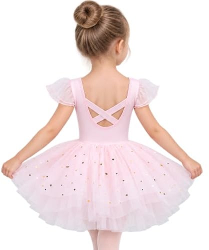 LYZOURBB Baby Girls Ruffle Sleeve Ballet Dress Ballerina Costume Dress 1-6Y | Kids Crossed-back Shiny Tulle Ballet Leotard for Dance Girls