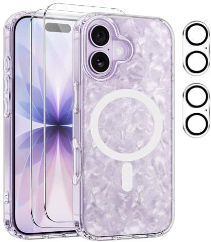 Czyoa Magnetic Cover per iPhone 17 Compatibile con 2 vetri temperati e 2 vetri per Fotocamera, Trasparente Slim Back PC+TPU Bumper Shockproof - Conchiglia Color Lilla - D5