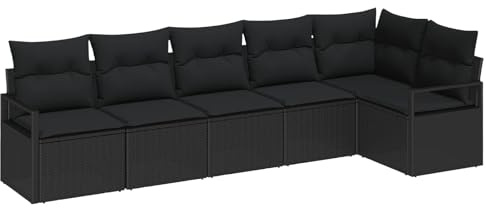 zylophax Gartensofa-Set Schwarz Poly-Rattan 6-teilig mit Kissen, Modulares Outdoor Sofa für Garten, Terrasse, Balkon, mit Stauraumfächern und Komfort, Lounge Sofa Outdoor für 5 Personen