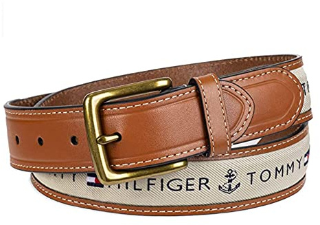 Tommy Hilfiger Men's Ribbon Inlay Belt - Ribbon Fabric Design with Single Prong Buckle, Khaki, 32