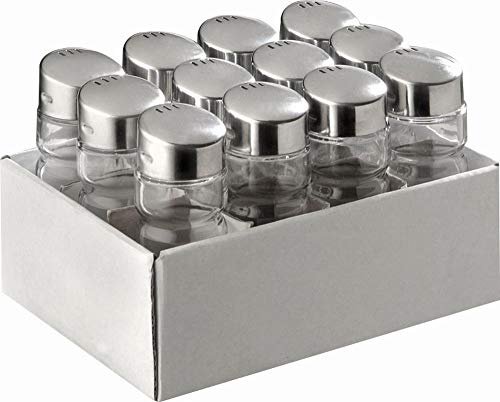 APS 40505 Glas Streuer Set von 12 Stück. mit Edelstahlabdeckung, 4 x 4 x 10 cm, Deckel mit 3 Löchern