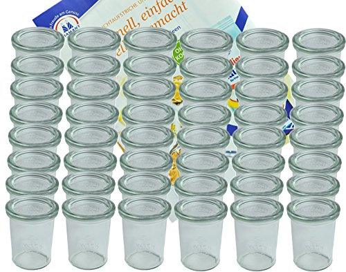MamboCat 48er Set Weck Gläser 160 ml Sturzgläser mit 48 Glasdeckeln incl. Diamant-Zucker Gelierzauber Rezeptheft I Original Weck Sturzglas Dessertglas I Einweckgläser mit Deckel für Kuchen Gelees