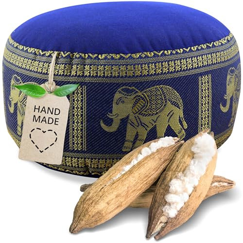 Livasia Meditationskissen Thaiseide - Ø 32x20cm - Yogakissen klein mit Kapok, Pouf, Bodenkissen Yoga Zen Meditation, Sitzkissen Garten Balkon, Zafukissen handgefertigt (Blau/Elefanten Seide)