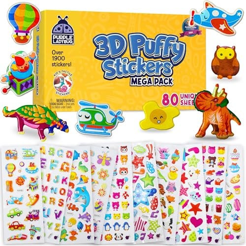 Purple Ladybug 1900 3D Aufkleber Kinder mit 80 Verschiedene Blätter von Cute Sticker Set - 3D Sticker Kinder - Mitgebsel Kindergeburtstag mit Dino Sticker, Tier, Blumen, Herz, Buchstaben und Mehr