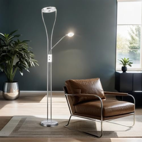 Tolle LED Stehleuchte in Chrom Weiß 18W 230V aus Metall & Kunststoff Schalter Dimmer Stehleuchte mit Lesearm Deckenfluter mit Dimmer warmWeißes Licht Schlafzimmer Wohnzimmer Lampen Leuchte