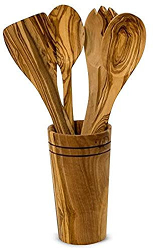 Olive Wood 5-Piece Wooden Cooking Utensil Set - Includes holder with spatula, cooking/mixing spoon, salad spoon and fork - Handcrafted in Tunisia - Unique patterns and color variations