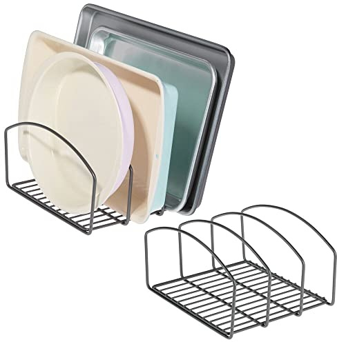 mDesign 2er-Set Geschirrablage für Kochtöpfe, Deckel und Pfannen – kompakter Topfdeckelhalter mit 3 Fächern für den Küchenschrank – platzsparender Ständer für Kochgeschirr aus Metall – dunkelgrau