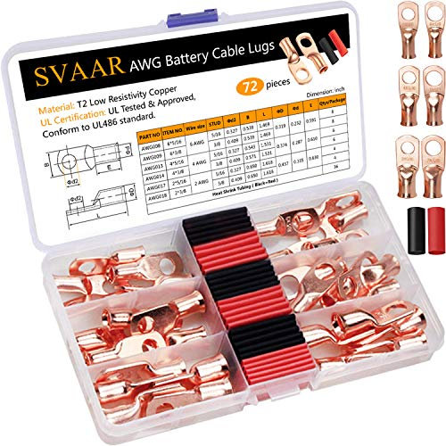 SVAAR 72pcs UL Listed AWG Copper Wire Lugs Assortment Kit 2 Gauge 4 Gauge 6 Gauge with 5/16 or 3/8Stud Heavy Duty Cable Lugs Cable Ends Tubular Ring Terminals Connectors with Heat Shrink Tubing