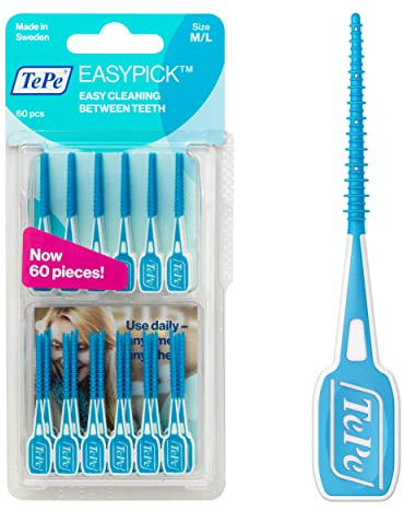 TePe EasyPick - Stick interdentali + 1 contenitore tascabile, Misura M/L, Blu, Confezione da 60 unità