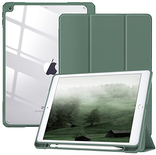 TiMOVO Funda Compatible con Nuevo iPad 9ª Generación 2021/iPad de 8ª Gen 2020 10.2 con Portalápiz, Carcasa Trasera Transparente con Auto Sueño/Estela para iPad 7ª Gen 10.2 2019, Verde Noche