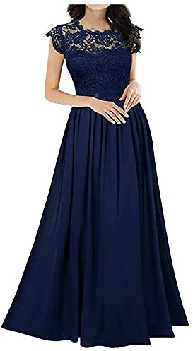 Ni_ka Robe Demoiselle d'honneur Femme Chic Et Glamour Robes De SoiréE Longue en Dentelle Col Rond sans Manches Maxi Dress Ete Noir Rouge Taille S à 2XL, Ni_kashirt44595, Bleu