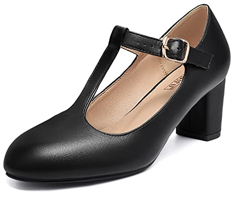 IDIFU Women's Pumps Dress Shoes for Women Mary Jane Low Chunky Closed Toe T-Strap Womens Dress Shoes Wedding Shoes for Bride Black Nude Silver Heels for Women (Black Pu, 8 M US)