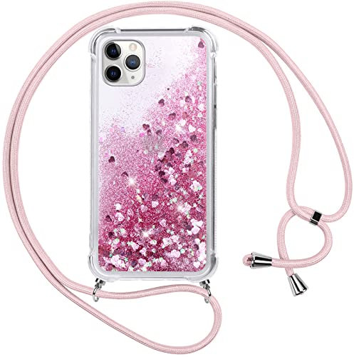 Vauki Handykette für iPhone 11 Pro Hülle mit Band,Silikon Durchsichtig Transparent Flüssig Glitzer mit Kette Kordel Bumper Treibsand Necklace TPU Schutzhülle Case für iPhone 11 Pro,Rosa